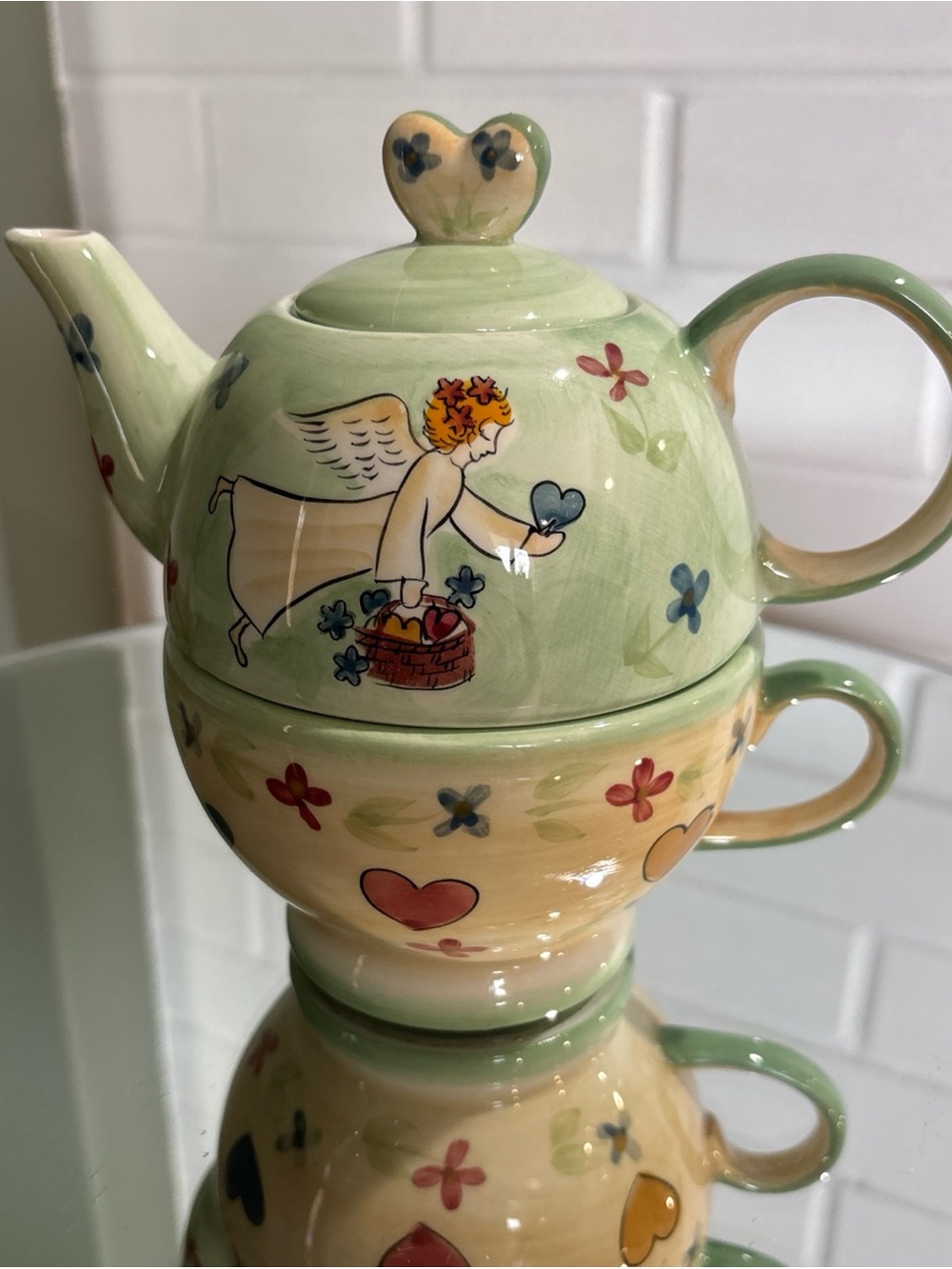Hand-Painted Angel Teapot for One - Green and Cream